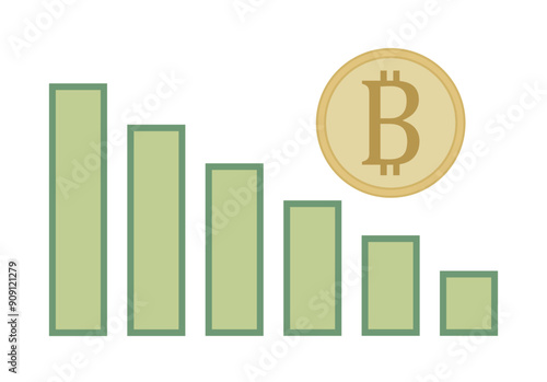 Gráfico verde decreciente con moneda dorada de bitcoin 
