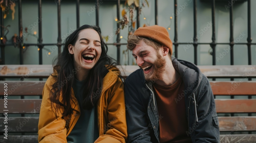 Young adult couple sitting on a bench and laughing together Young adult couple sitting on a bench and laughing together