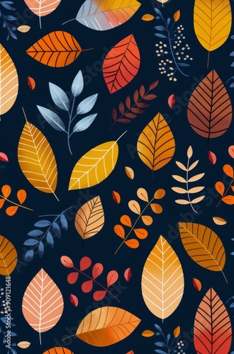 Colorful Autumn Leaves Pattern Against Dark Background