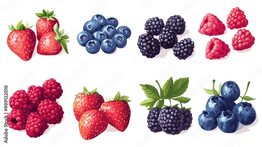 A detailed vector set of berry fruits including strawberries, blueberries, raspberries, and blackberries. A detailed vector set of berry fruits including strawberries, blueberries, raspberries, and blackberries.