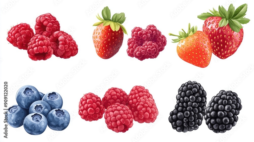 A detailed vector set of berry fruits including strawberries, blueberries, raspberries, and blackberries. A detailed vector set of berry fruits including strawberries, blueberries, raspberries, and blackberries.