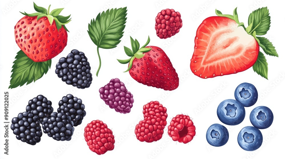 A detailed vector set of berry fruits including strawberries, blueberries, raspberries, and blackberries. A detailed vector set of berry fruits including strawberries, blueberries, raspberries, and blackberries.