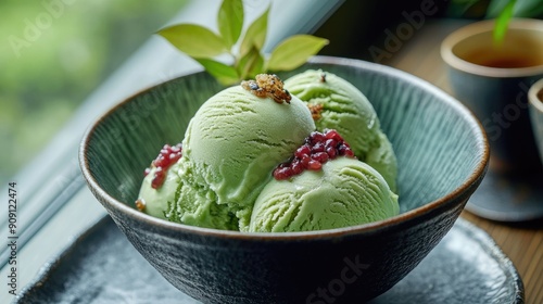 A serving of matcha green tea ice cream in a traditional Japanese bowl, garnished with red bean paste and mochi. photo