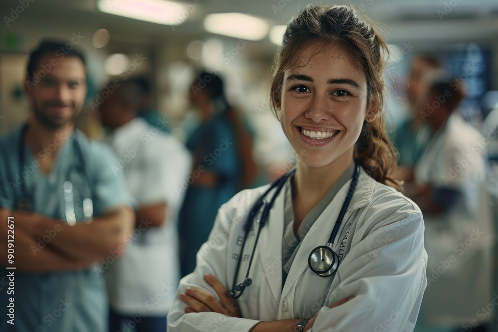 A woman in a white lab coat is smiling and posing for a photo. She is surrounded by other people, some of whom are also wearing lab coats. Scene is cheerful and friendly A woman in a white lab coat is smiling and posing for a photo. She is surrounded by other people, some of whom are also wearing lab coats. Scene is cheerful and friendly