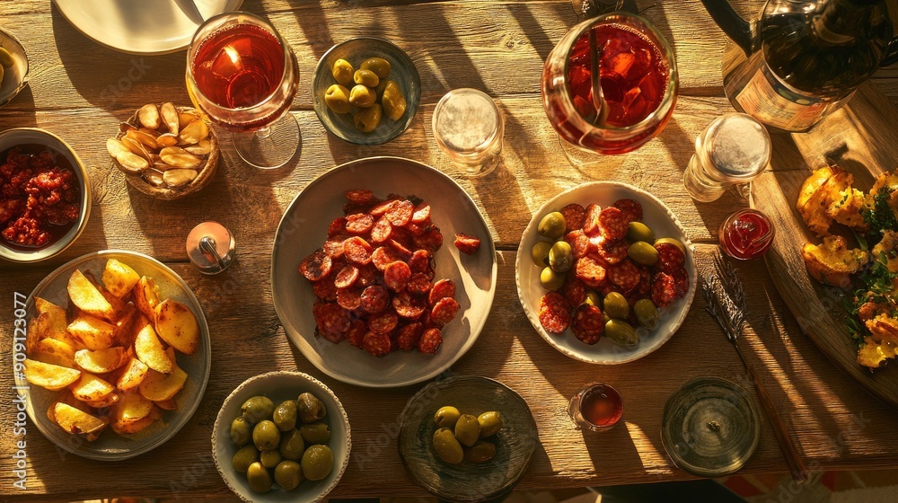 An elegant Spanish tapas table with a variety of small plates including olives, chorizo, patatas bravas, and sangria. An elegant Spanish tapas table with a variety of small plates including olives, chorizo, patatas bravas, and sangria.