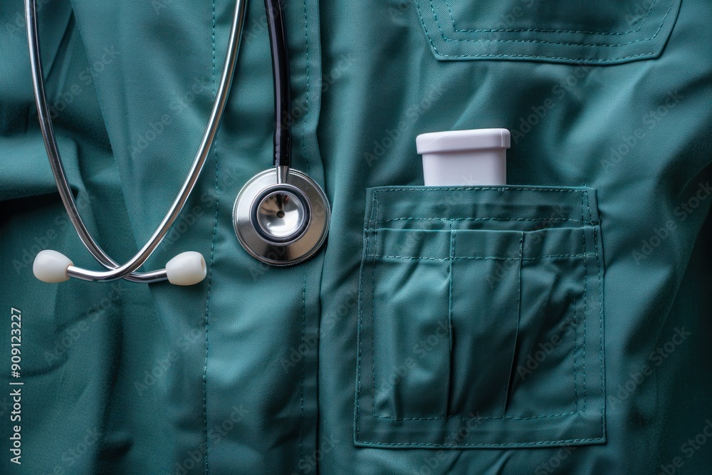 A doctor's coat with a stethoscope and a small white pill bottle in the pocket A doctor's coat with a stethoscope and a small white pill bottle in the pocket