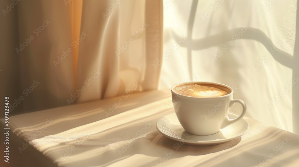 A Cup of Coffee on a Table with Sunlight Streaming Through a Window A Cup of Coffee on a Table with Sunlight Streaming Through a Window