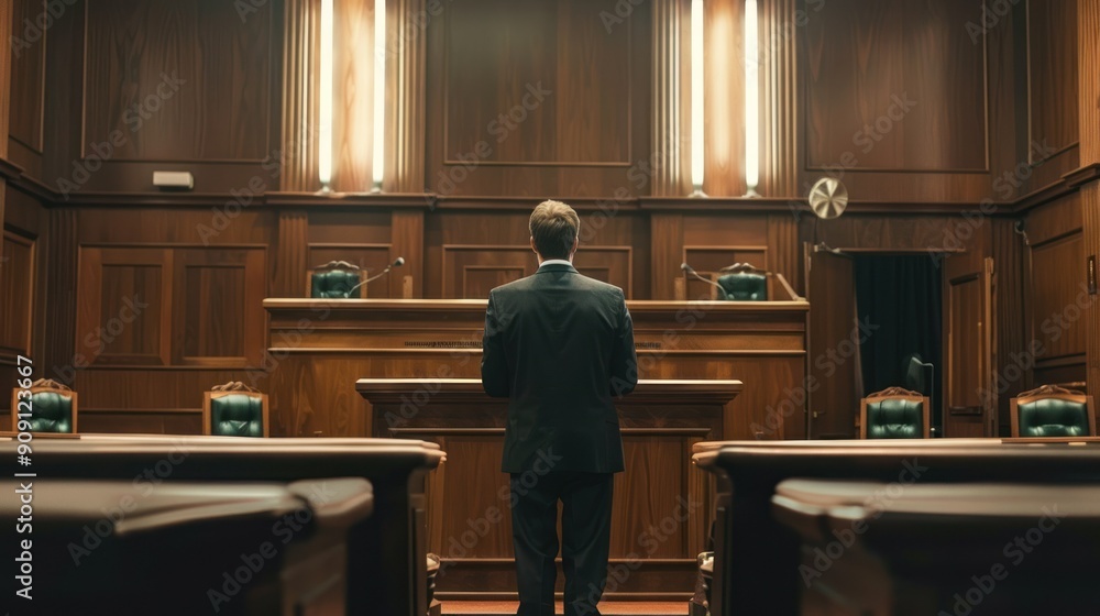 A lawyer in a courtroom, presenting arguments to a judge and jury during a trial. A lawyer in a courtroom, presenting arguments to a judge and jury during a trial.