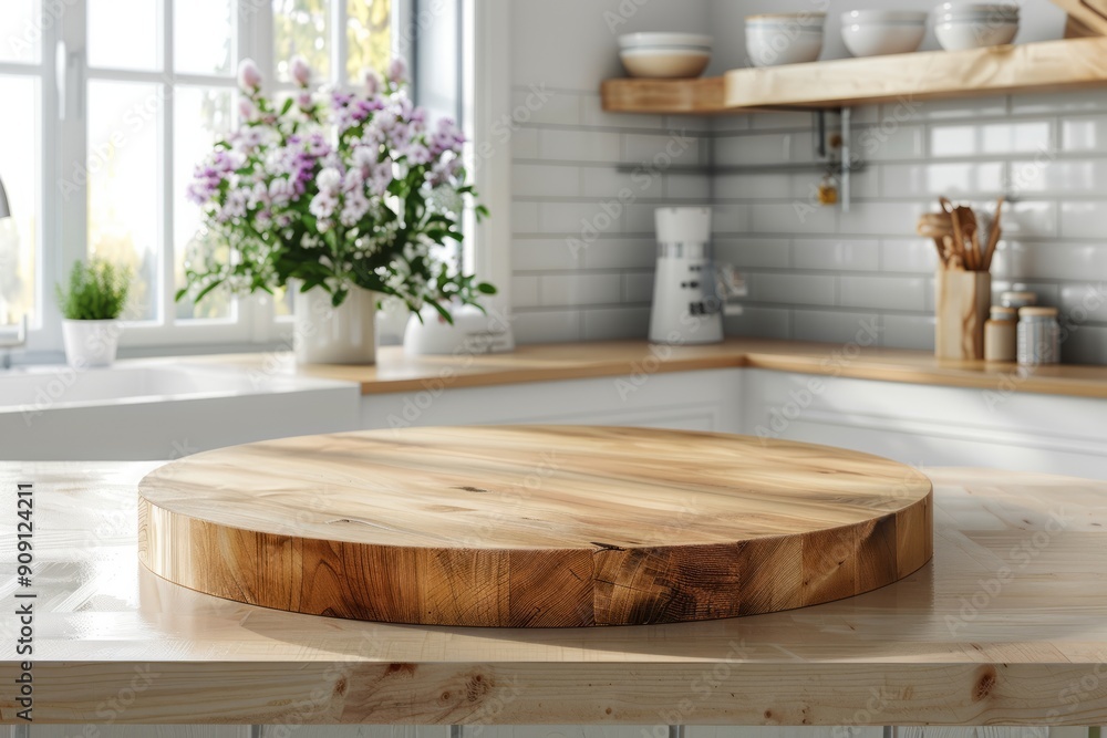 Modern Kitchen Interior Featuring Wooden Dining Table and Fresh Bouquets in Bright Natural Light Modern Kitchen Interior Featuring Wooden Dining Table and Fresh Bouquets in Bright Natural Light