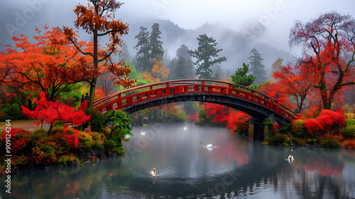 Beautiful view of misty autumn landscape with beautiful old bridge with swans photo