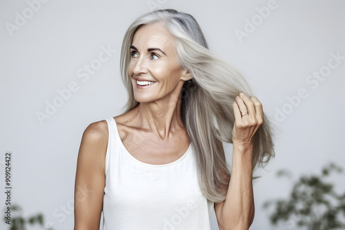 Beautiful elderly woman with long grey hair. Beauty, fashion and old people concept.