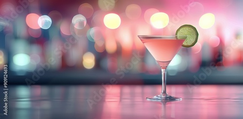 Refreshing Cocktail With Lime Slice in a Vibrant Bar During Evening Hours