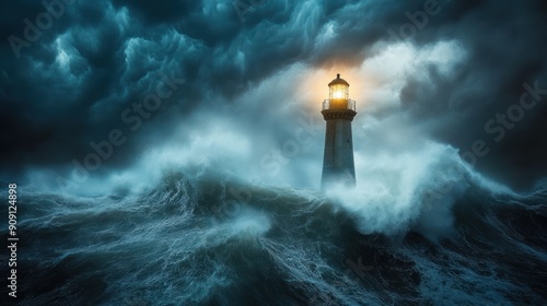 Lighthouse in the Tempest - A lighthouse braves the fierce ocean storm, its light piercing through the darkness and waves, symbolizing guidance and resilience.
