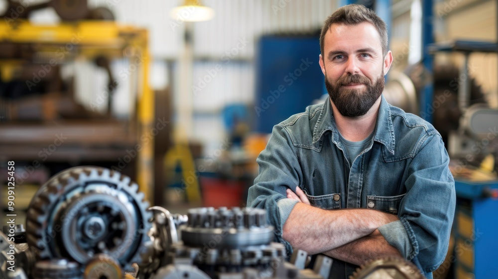 Portrait of a transmission mechanic with transmission parts, showing diagnostics Portrait of a transmission mechanic with transmission parts, showing diagnostics