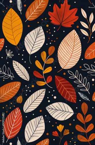 Colorful Autumn Leaves Pattern Against Dark Background