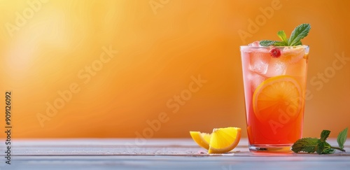 Refreshing Citrus Drink With Garnish on Wooden Table During Sunset