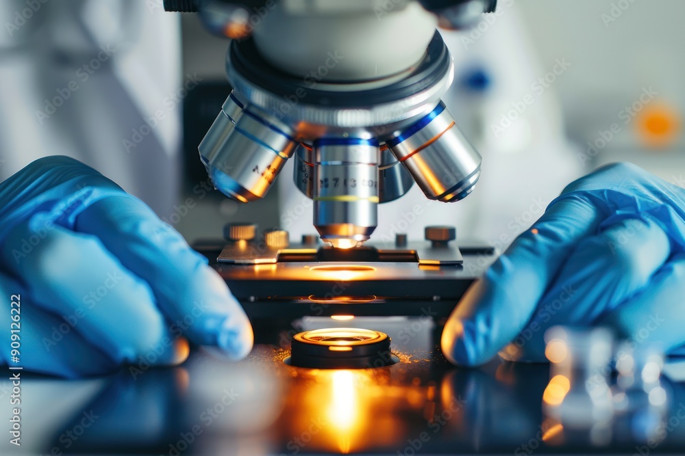 A scientist is looking through a microscope at a small object A scientist is looking through a microscope at a small object