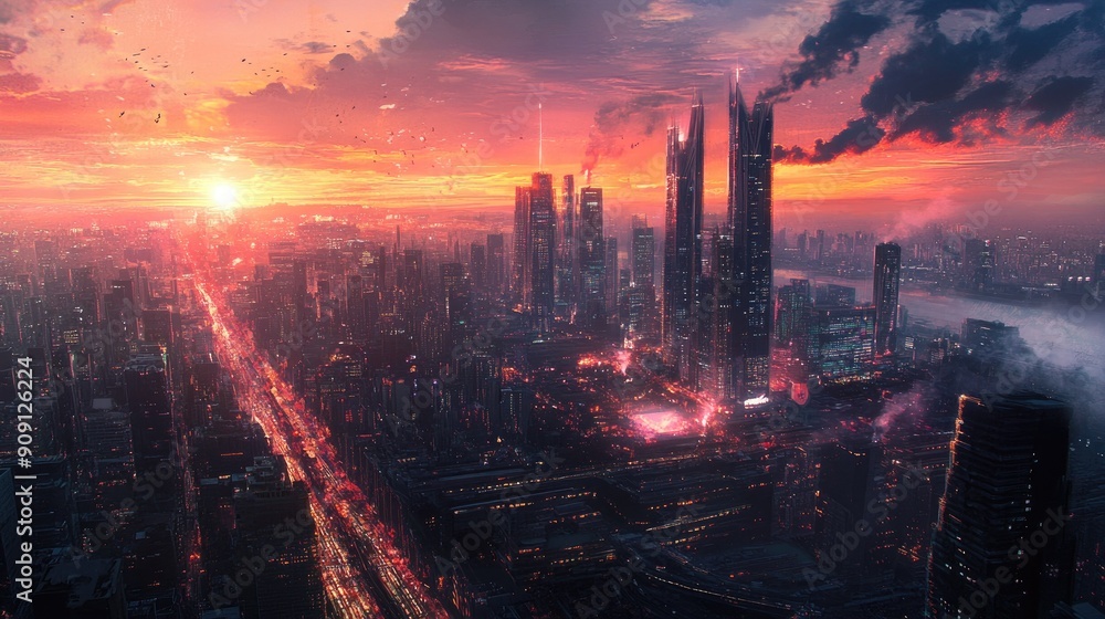 A bustling city at sunset, with glowing skyscrapers, quiet roads, and no people. A bustling city at sunset, with glowing skyscrapers, quiet roads, and no people.