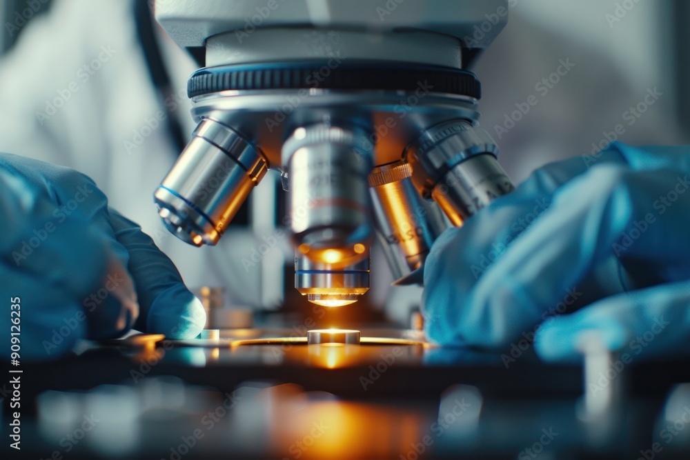 A person is looking through a microscope at a small object A person is looking through a microscope at a small object