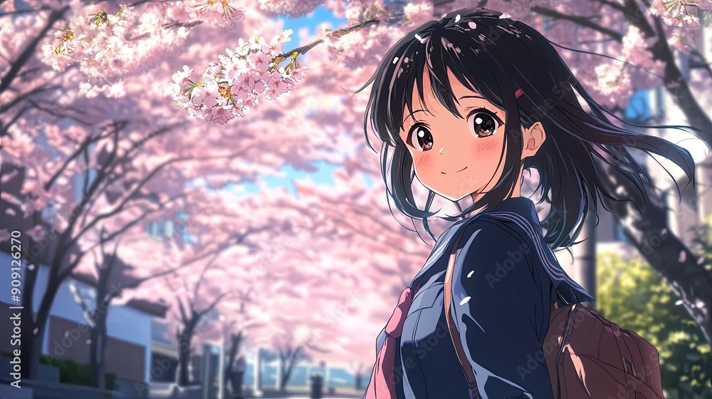 A cheerful anime girl in a classic school uniform, standing in front of a cherry blossom tree in full bloom. A cheerful anime girl in a classic school uniform, standing in front of a cherry blossom tree in full bloom.