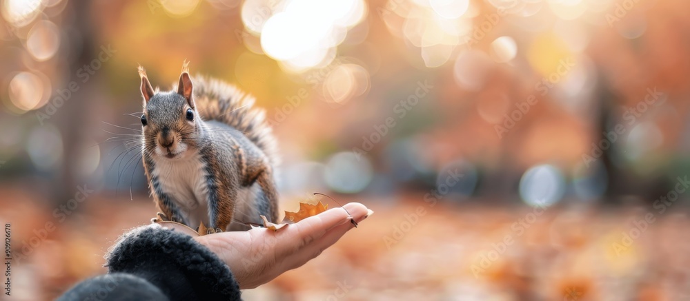 Naklejka premium Squirrel Feeding on Hand in Autumn Park With Colorful Leaves