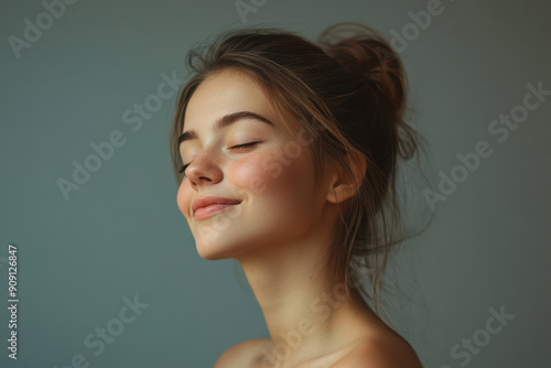 A close up of a girl's face with her eyes closed