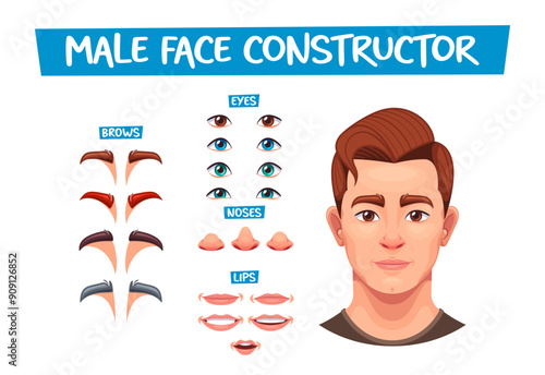 Male Face Constructor With Different Customizable Features Including Eyes, Brows, Noses, And Lips. Comprehensive Set