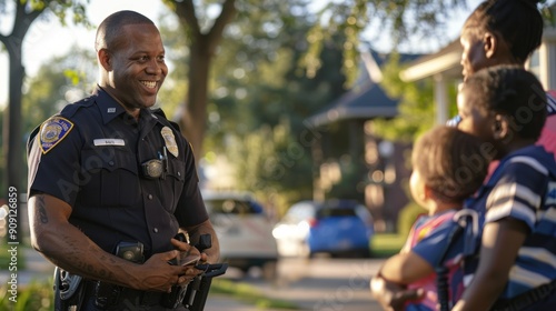 A police officer participating in a community outreach program, engaging with residents in a neighborhood.