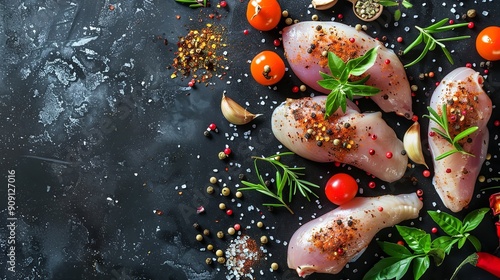 A chicken fillet on a dark background, accompanied by vegetables and spices in a skillet. Sliced raw chicken flesh in preparation for cooking, Generative AI.