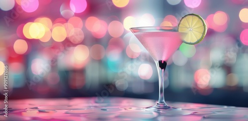 Refreshing Cocktail With Lime Slice in a Vibrant Bar During Evening Hours