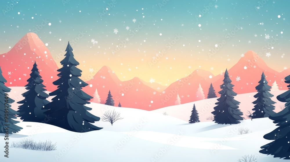 Snowy Mountain Landscape with Fir Trees and Falling Snow Snowy Mountain Landscape with Fir Trees and Falling Snow