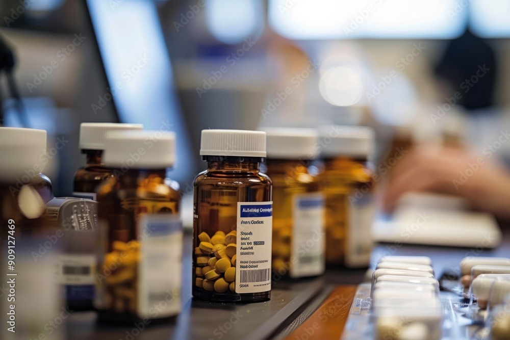 A row of bottles with pills inside them A row of bottles with pills inside them