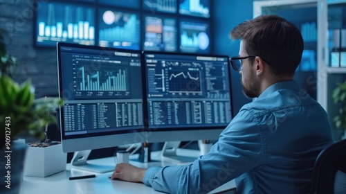 An actuary analyzing insurance risk data and statistical models on a computer in an actuarial office.