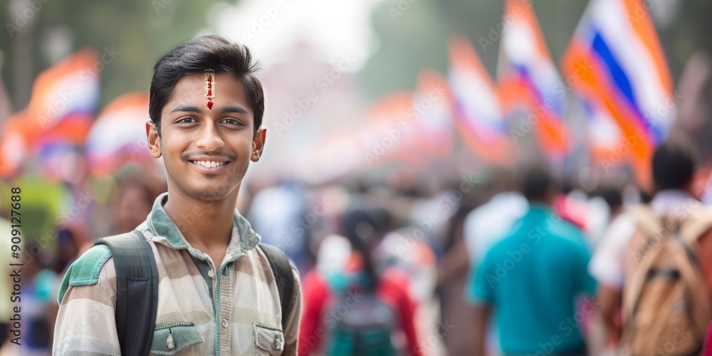 Young Indian Man Embracing National Pride on Independence Day Celebration Amidst a Sea of Flags and Festive Crowd Young Indian Man Embracing National Pride on Independence Day Celebration Amidst a Sea of Flags and Festive Crowd