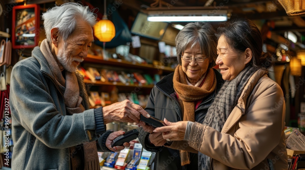 Three seniors happily discuss items while shopping in a cozy market filled with goods Three seniors happily discuss items while shopping in a cozy market filled with goods