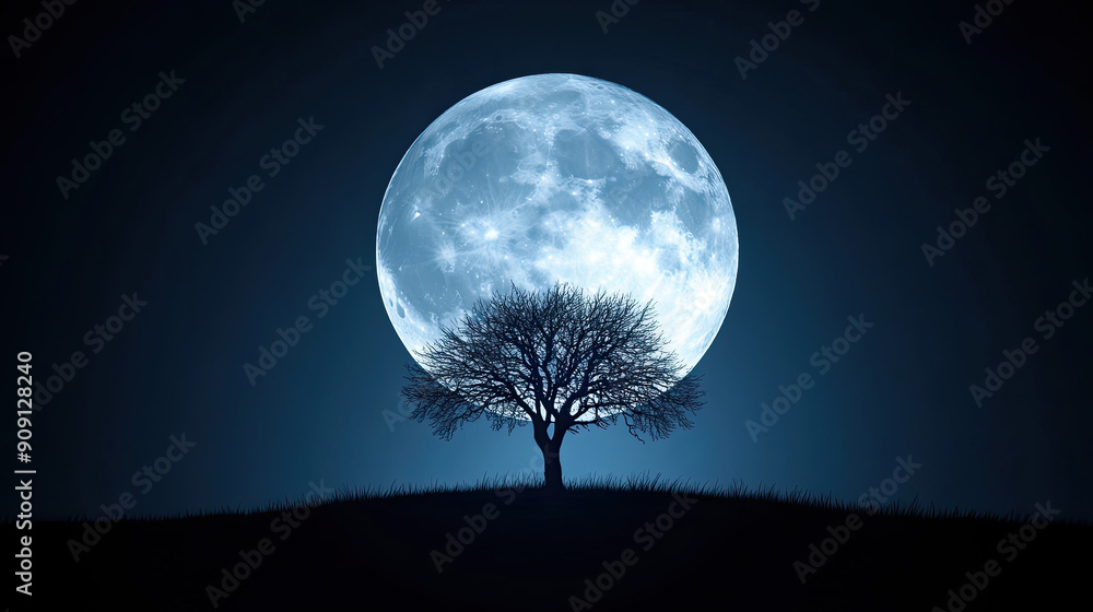 A serene scene featuring a solitary tree silhouetted against a full moon, casting captivating shadows in the night sky. A serene scene featuring a solitary tree silhouetted against a full moon, casting captivating shadows in the night sky.