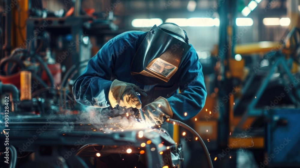 Portrait of a body shop mechanic with a welding torch, working on a car chassis Portrait of a body shop mechanic with a welding torch, working on a car chassis