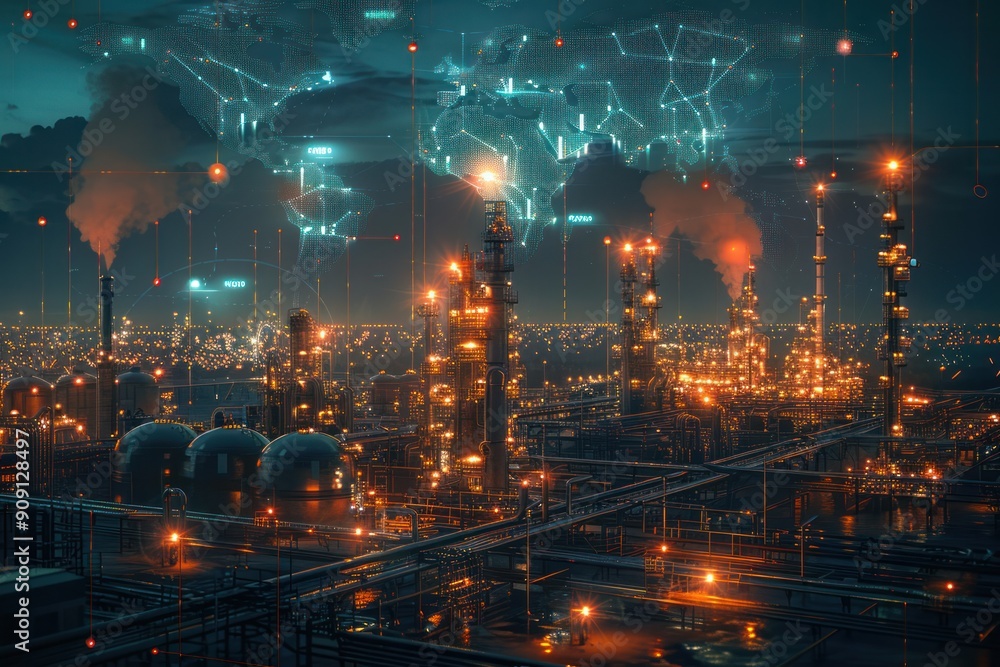A city skyline with many lights and a large globe in the background A city skyline with many lights and a large globe in the background