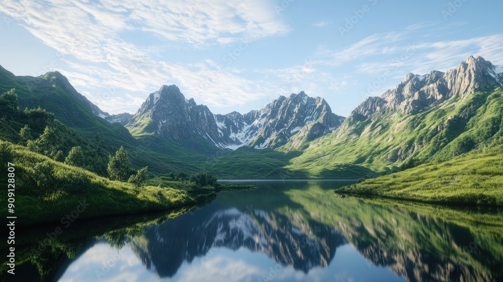 Beautiful mountain landscape featuring lush green valleys, a clear blue sky, and a serene lake reflecting the scenery Beautiful mountain landscape featuring lush green valleys, a clear blue sky, and a serene lake reflecting the scenery