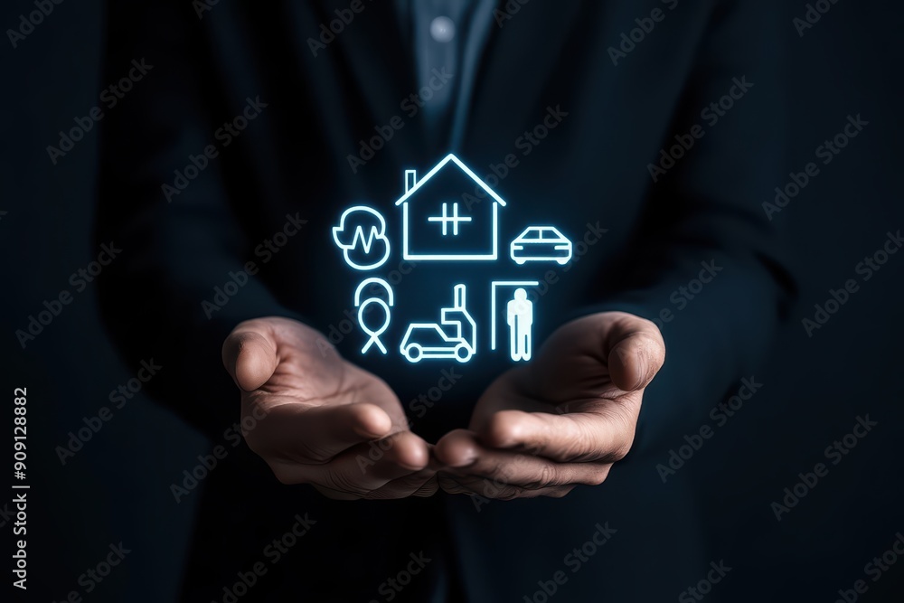A closeup of a person in a dark suit holding holographic icons representing a family A closeup of a person in a dark suit holding holographic icons representing a family