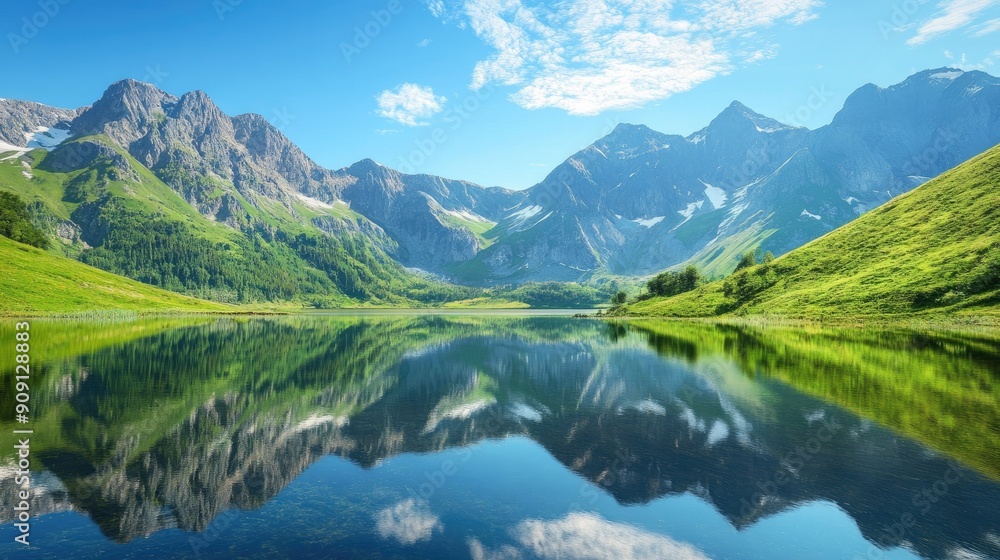 Beautiful mountain panorama with clear blue skies, verdant valleys, and a peaceful lake reflecting the natural beauty Beautiful mountain panorama with clear blue skies, verdant valleys, and a peaceful lake reflecting the natural beauty