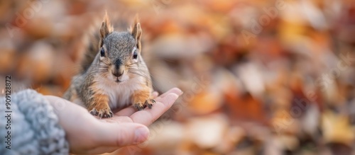 Squirrel Feeding on Hand in Autumn Park With Colorful Leaves