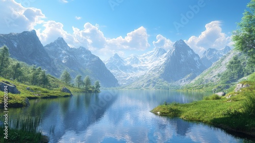 Beautiful mountain panorama with clear blue skies, verdant valleys, and a peaceful lake reflecting the natural beauty