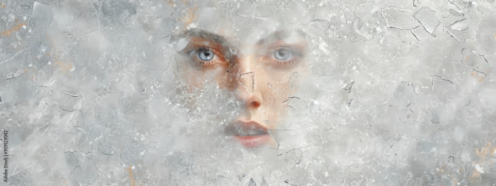 A woman's face with pieces of ice, grey, gold, white. A woman's face with pieces of ice, grey, gold, white.