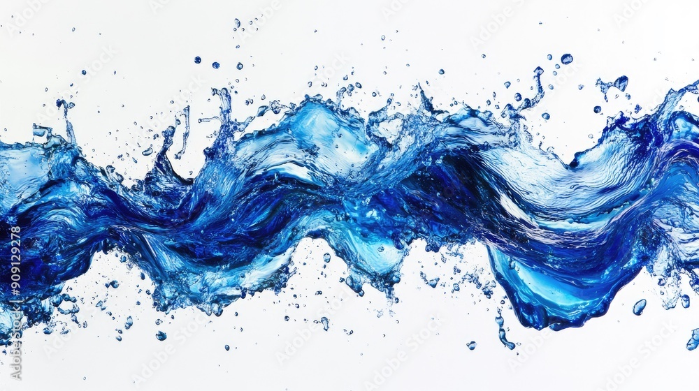 Blue waves in mid-splash, with detailed water droplets against a white background. Blue waves in mid-splash, with detailed water droplets against a white background.