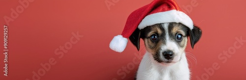 Cute Puppy Wearing Santa Hat Against Red Background During Holiday Season