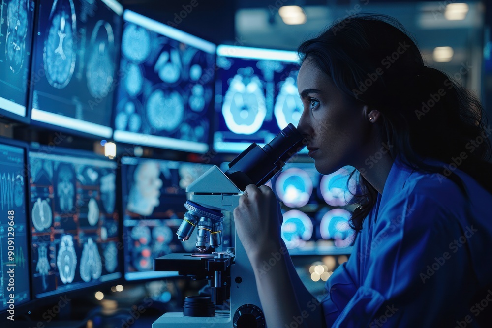 A woman is looking at a computer monitor with a microscope