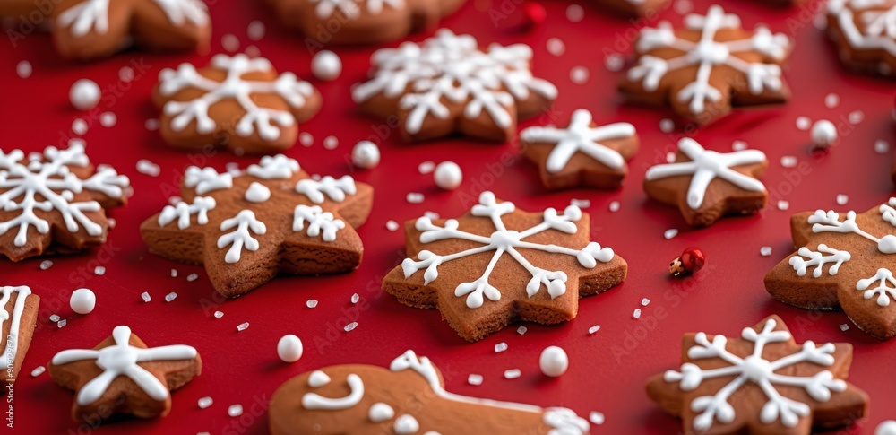 Festive Christmas Cookies and Decorations on Red Background Festive Christmas Cookies and Decorations on Red Background