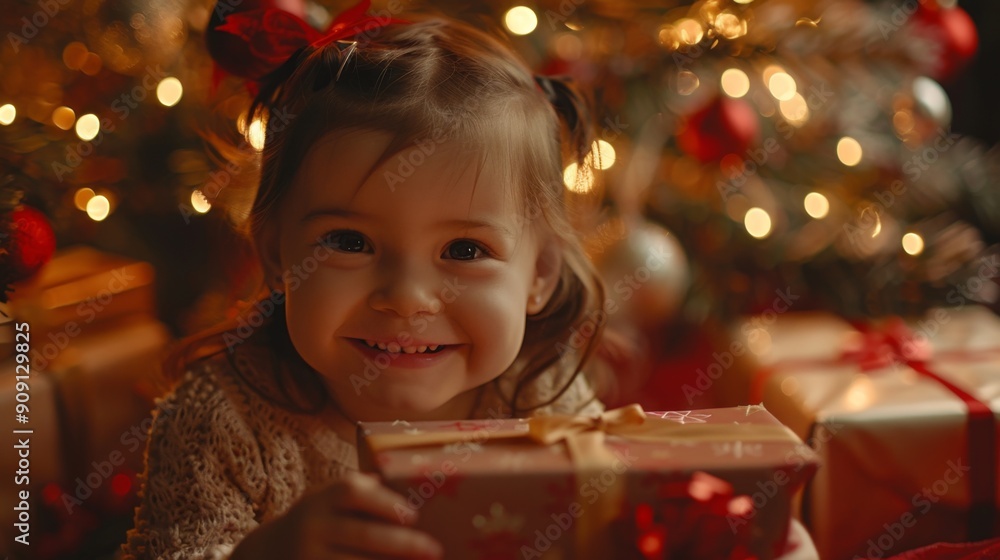 Joyful Little Girl Unwrapping Christmas Gift Beneath Festive Tree, Delighted Smile and Holiday Magic Captured in Heartwarming Image Joyful Little Girl Unwrapping Christmas Gift Beneath Festive Tree, Delighted Smile and Holiday Magic Captured in Heartwarming Image