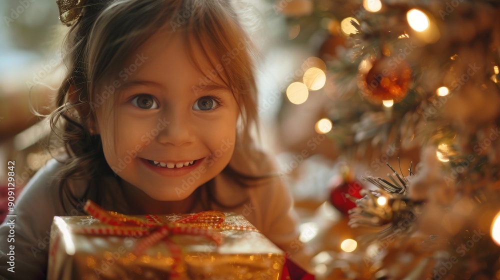 Joyful little girl opening Christmas gift under beautifully decorated tree, showcasing genuine smile and excitement Joyful little girl opening Christmas gift under beautifully decorated tree, showcasing genuine smile and excitement
